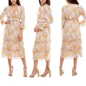 June & Hudson Floral Ruffle Long Sleeve Midi Dress - Medium